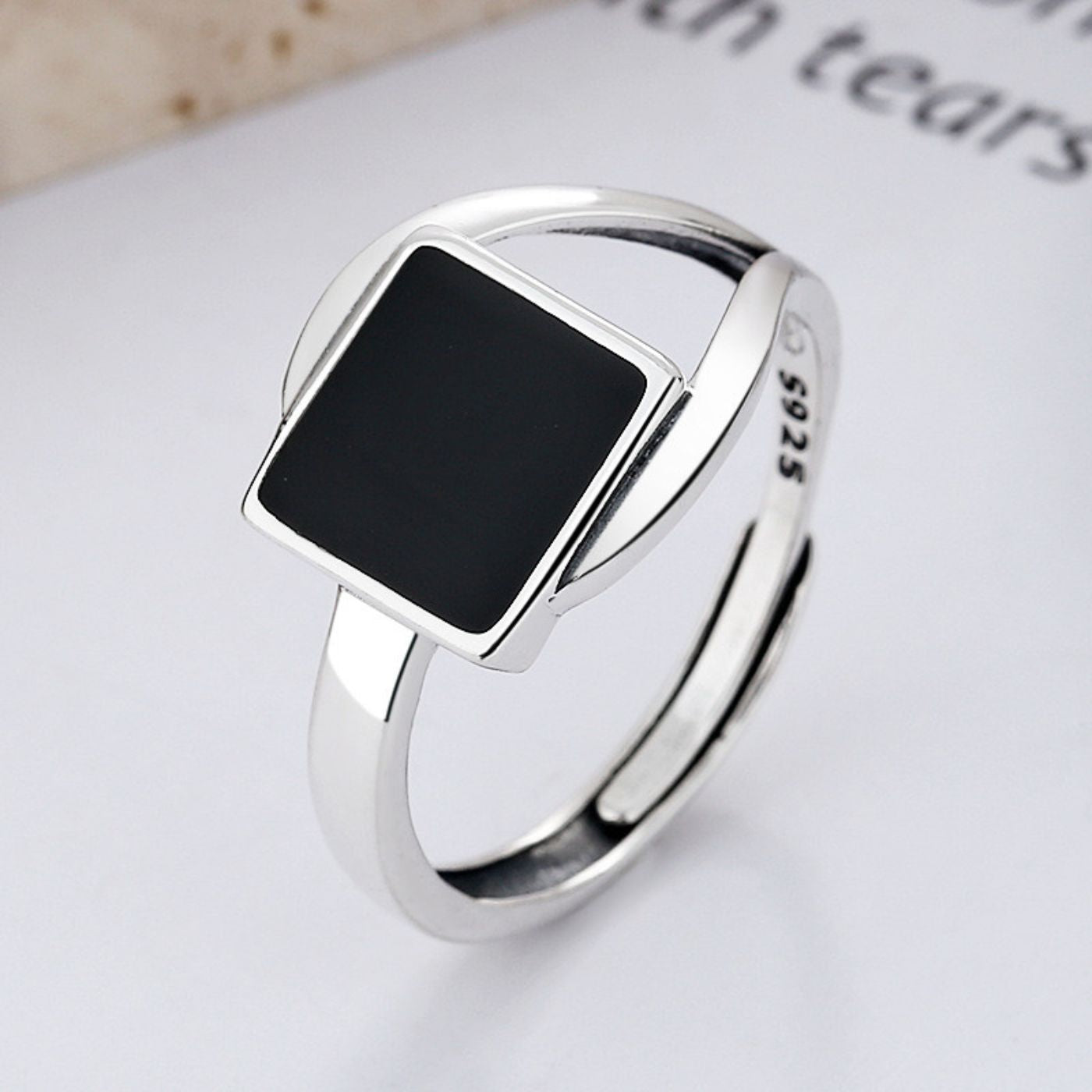 925 Sterling Silver Black Square Open Ring and Resin