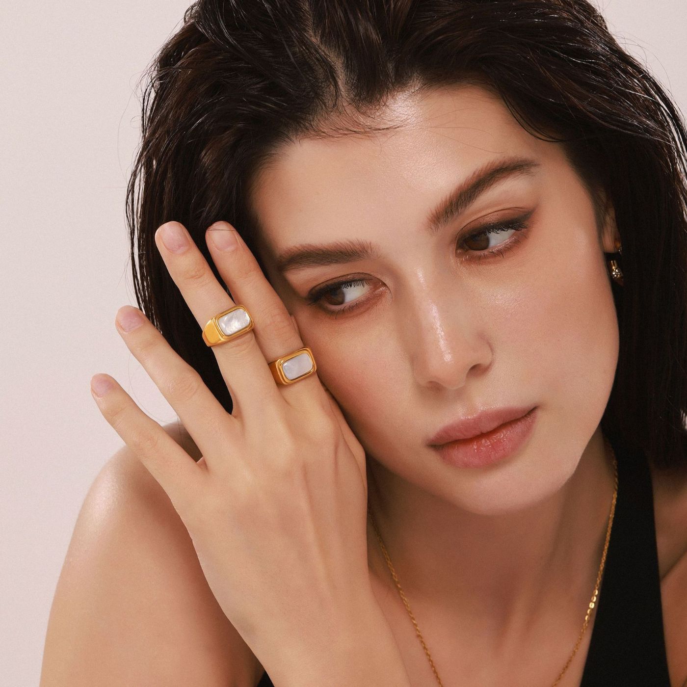 Rectangular Mother-of-Pearl and Steel Ring