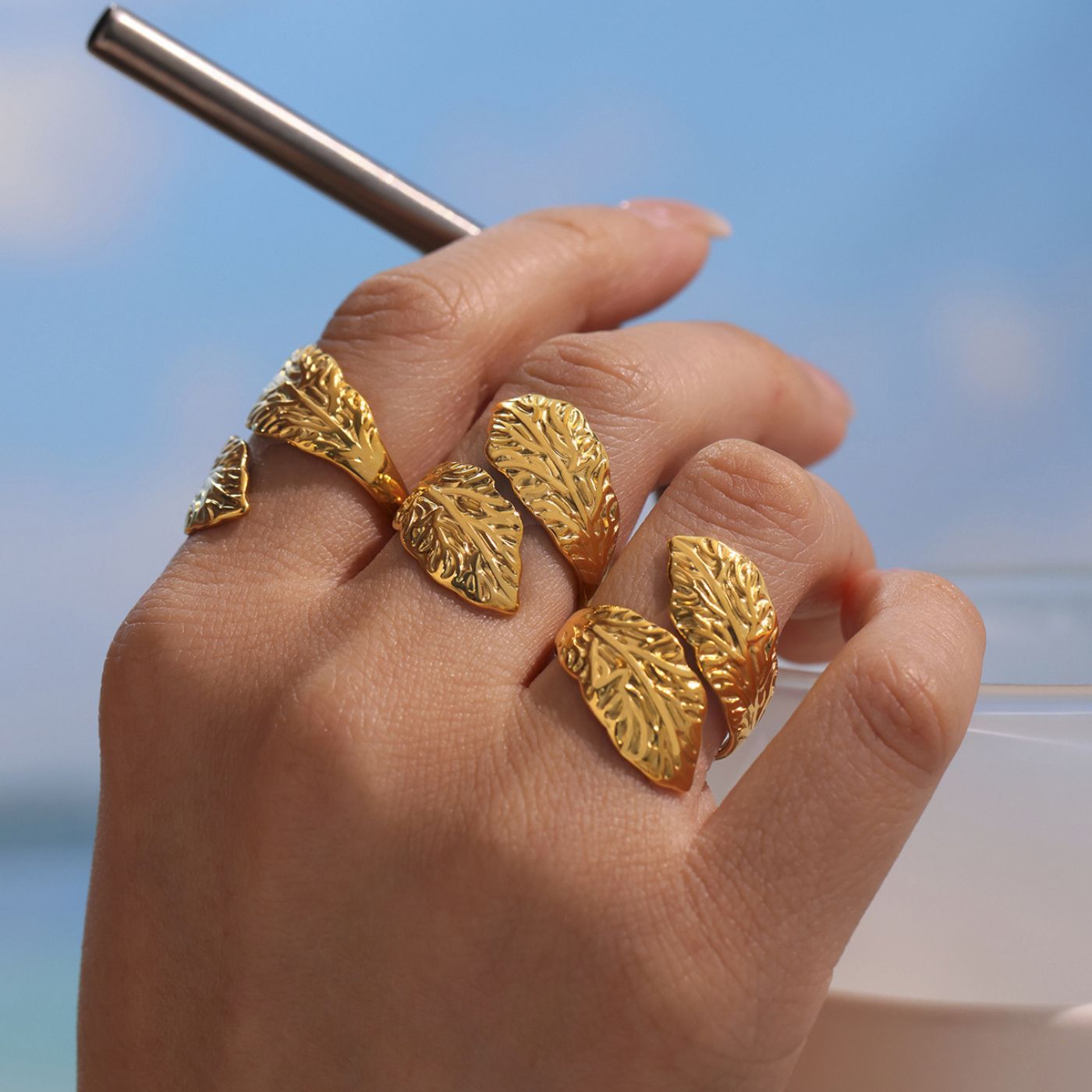 Gold Geometric Leaf Open Ring