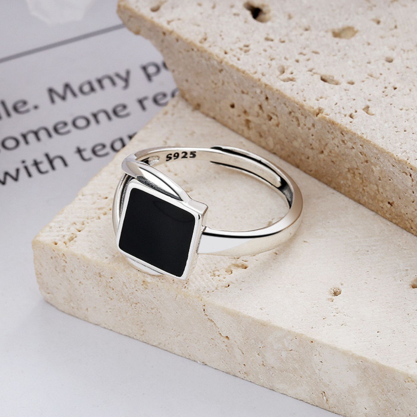 925 Sterling Silver Black Square Open Ring and Resin