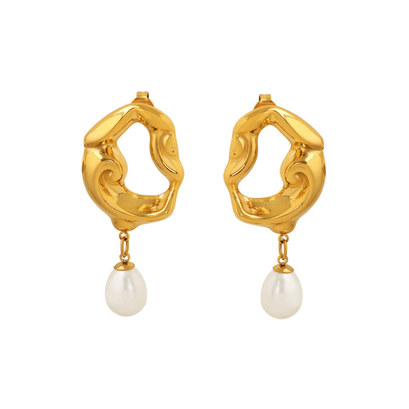 Gold wave earrings with natural pearl