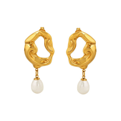 Gold wave earrings with natural pearl
