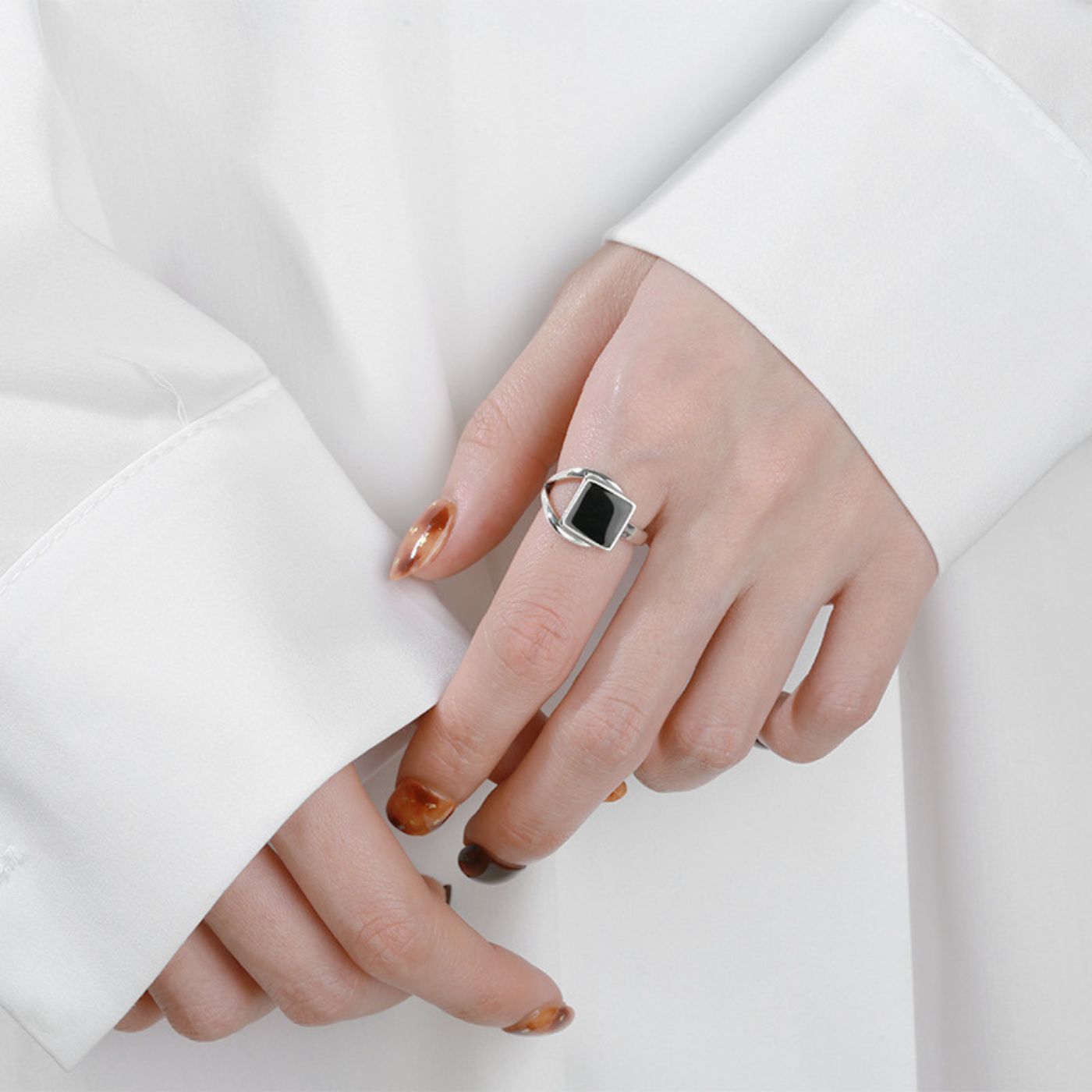 925 Sterling Silver Black Square Open Ring and Resin