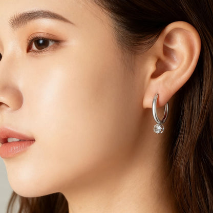 Silver Hoop Earrings with Cubic Zirconia Pendant