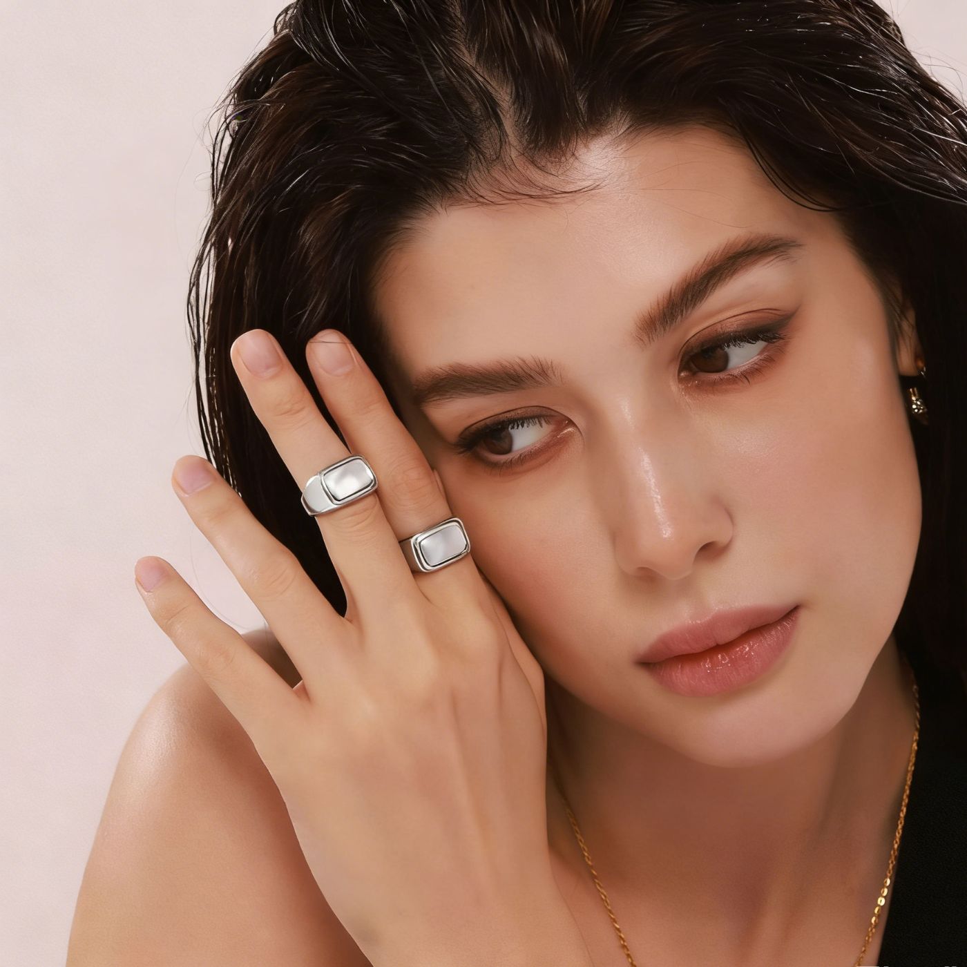 Rectangular Mother-of-Pearl and Steel Ring